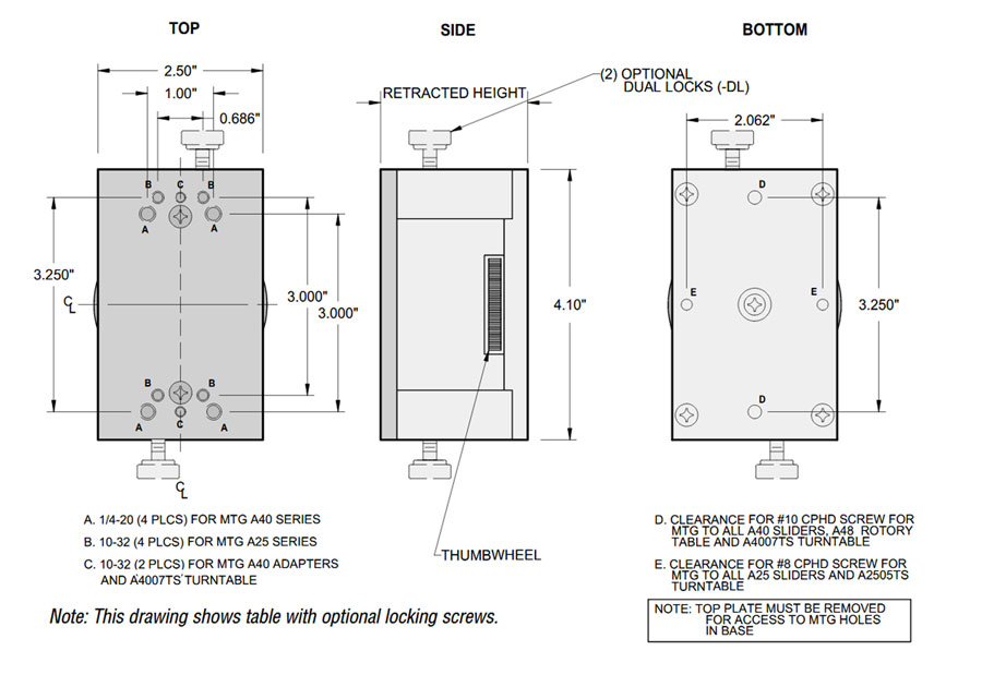 Dimensions for A39 Series Elevating Table