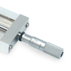 Close up image of a linear stage with a micrometer knob